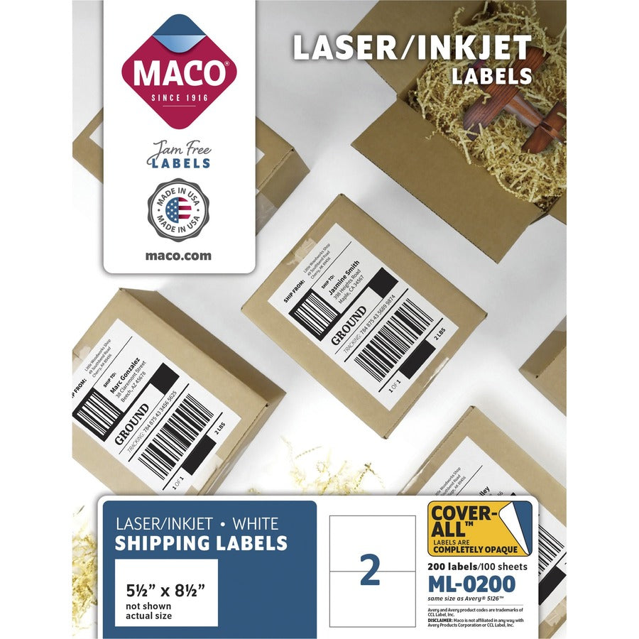 Maco White Half-sheet Internet Labels - 5 1/2" Width x 8 1/2" Length - Permanent Adhesive - Rectangle - Inkjet, Laser - White - 2 / Sheet - 200 / Box