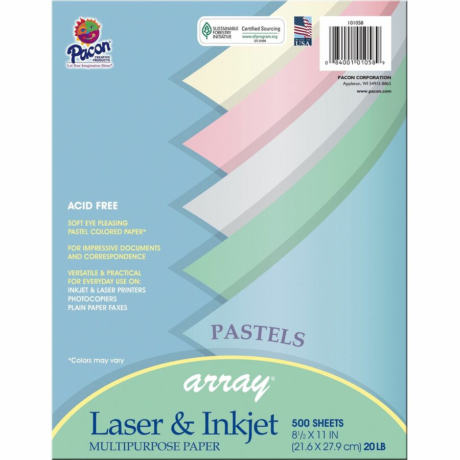 Pacon Pastel Multipurpose Paper - Pastel - Letter - 8 1/2" x 11" - 20 lb Basis Weight - Sustainable Forestry Initiative (SFI) - Pastel Lilac, Pastel Gray, Pastel Ivory, Pastel Sky Blue, Pastel Watermelon - 1 Ream
