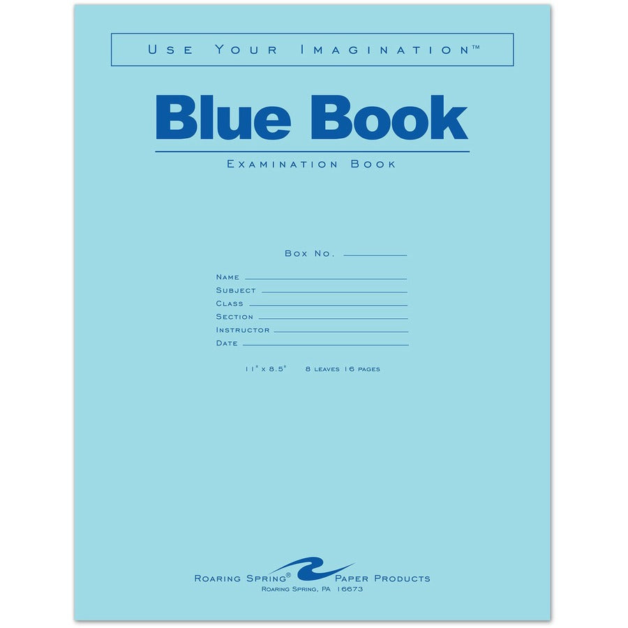 Roaring Spring 8 - sheet Blue Examination Book - Letter - 8 Sheets - 16 Pages - Stapled - Red Margin - 15 lb Basis Weight - Letter - 8 1/2" x 11" Sheet Size - White Paper - Blue Cover - 50 / Pack
