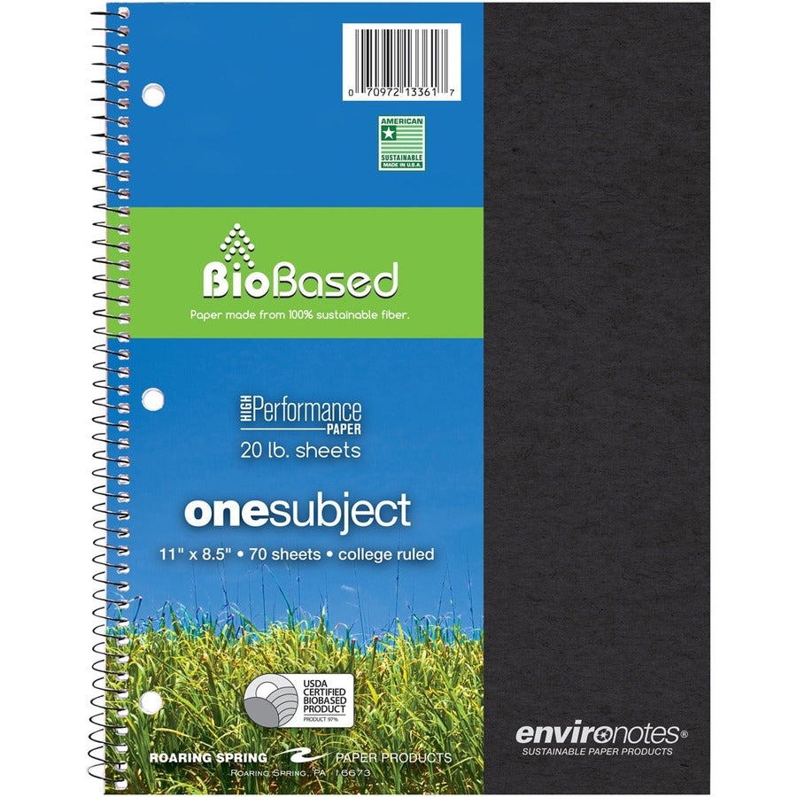 Roaring Spring Environotes College Ruled 1 Subject Recycled Spiral Notebook - 70 Sheets - 140 Pages - Printed - Spiral Bound - Both Side Ruling Surface - Ruled Red Margin - 3 Hole(s) - 20 lb Basis Weight - 75 g/m², Grammage - 11" x 8 1/2" Sheet Siz...