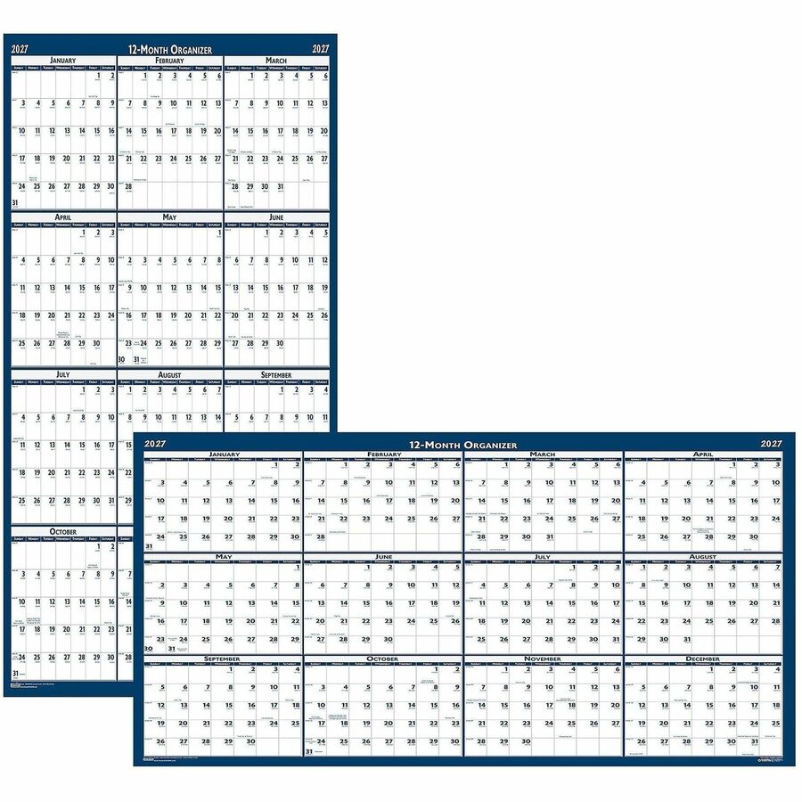 House of Doolittle Dated 66" Laminated Wall Planner - Julian Dates - Yearly - 12 Month - January 2027 to December 2027 - 66" x 33" Sheet Size - 2" x 2.25" Block - Blue, Gray - Paper - 1 Each