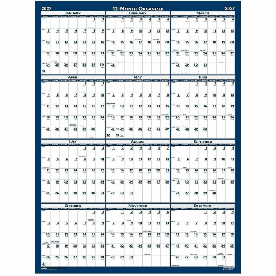 House of Doolittle Write-on Laminated Wall Planner - Professional - Julian Dates - Yearly - 12 Month - January 2027 to December 2027 - 18" x 24" Sheet Size - 0.75" x 1" Block - Blue, Gray - Paper - 18" Height - 1 Each