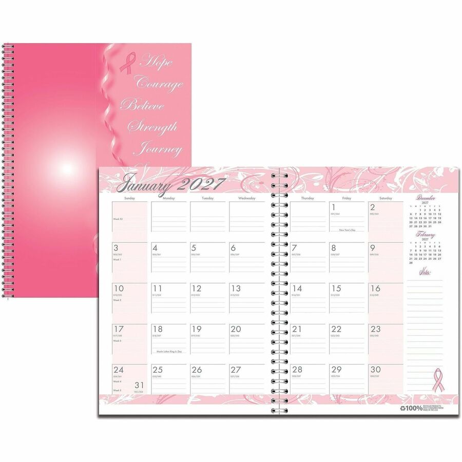 House of Doolittle BCA Pink Cover Monthly Wirebound Journal - Julian Dates - Monthly - 12 Month - January 2027 to December 2027 - 1 Month Single Page Layout - 7" x 10" Sheet Size - 1.38" x 1.75" Block - Wire Bound - Pink - Hardboard - 1 Each