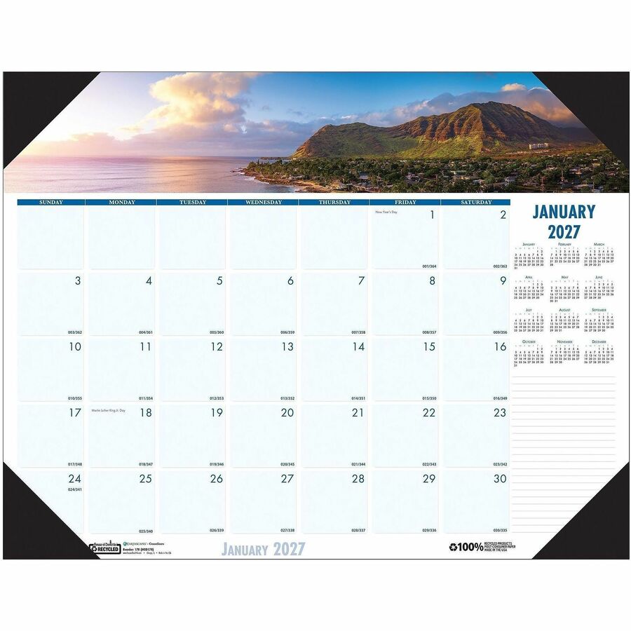 House of Doolittle EarthScapes Coastlines Desk Pad - Julian Dates - Monthly - 1 Year - January 2027 to December 2027 - 1 Month Single Page Layout - 22" x 17" Sheet Size - 2.38" x 2.13" Block - Desk Pad - White - Leatherette, Paper, Chipboard - 1 Each