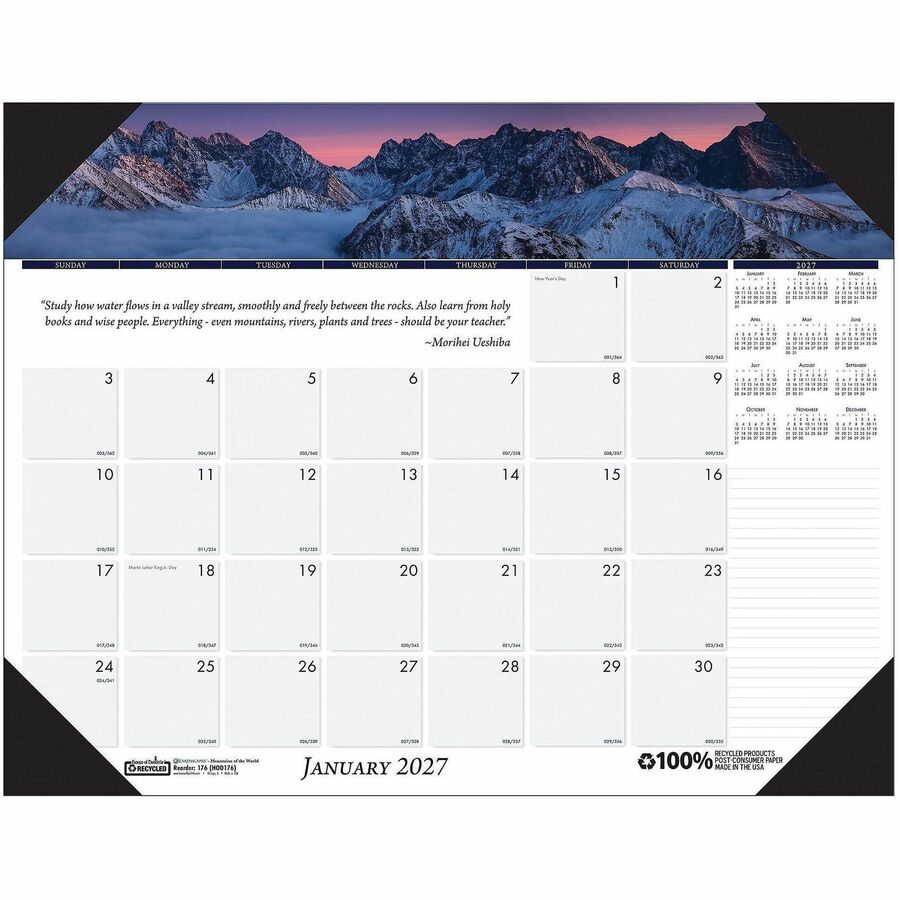House of Doolittle EarthScapes Mountains Desk Pad - Julian Dates - Monthly - 12 Month - January 2027 to December 2027 - 1 Month Single Page Layout - 22" x 17" Sheet Size - 2.25" x 2.50" Block - Desk Pad - White - Leatherette, Paper - 1 Each