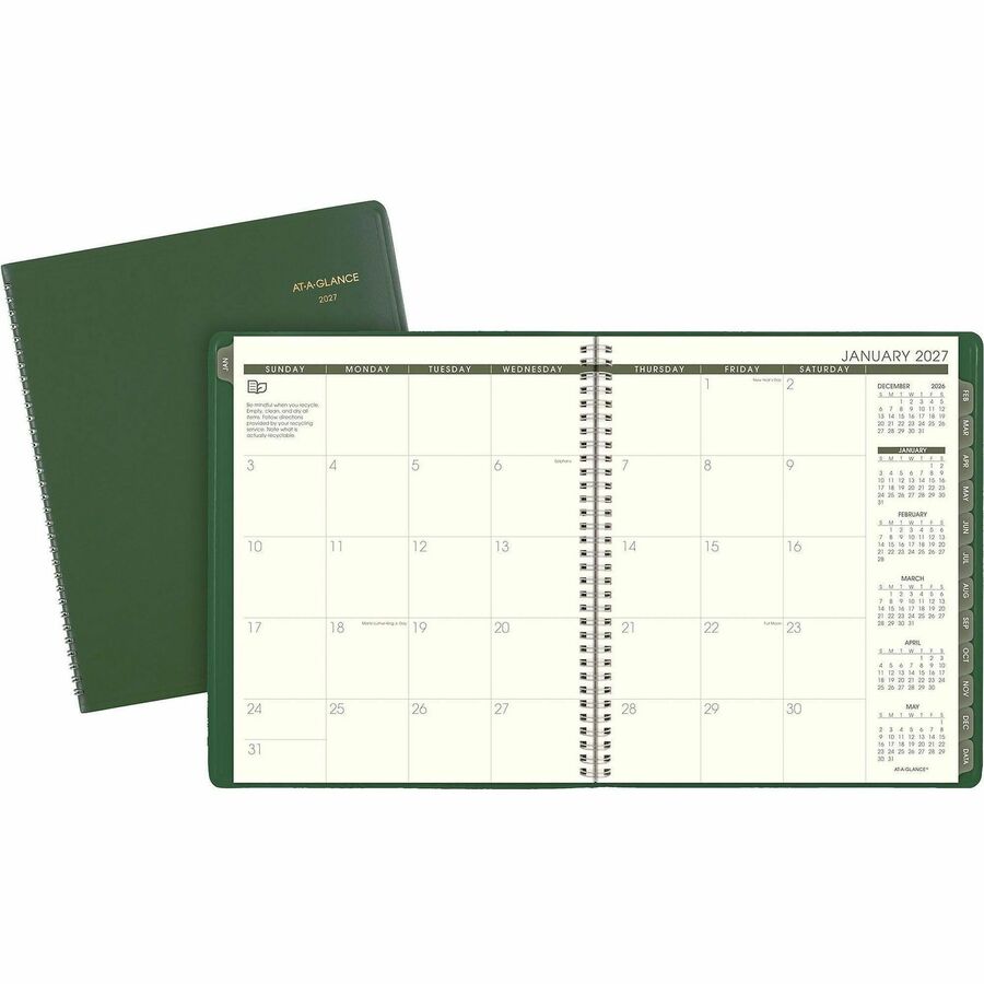 At-A-Glance Recycled Planner - Large - Monthly - 13 Month - January 2027 to January 2028 - 1 Month Double Page Layout - 9" x 11" Sheet Size - Sand Sheet - Wire Bound - Desktop - Green - Paper, Simulated Leather, Faux Leather - 1 Each