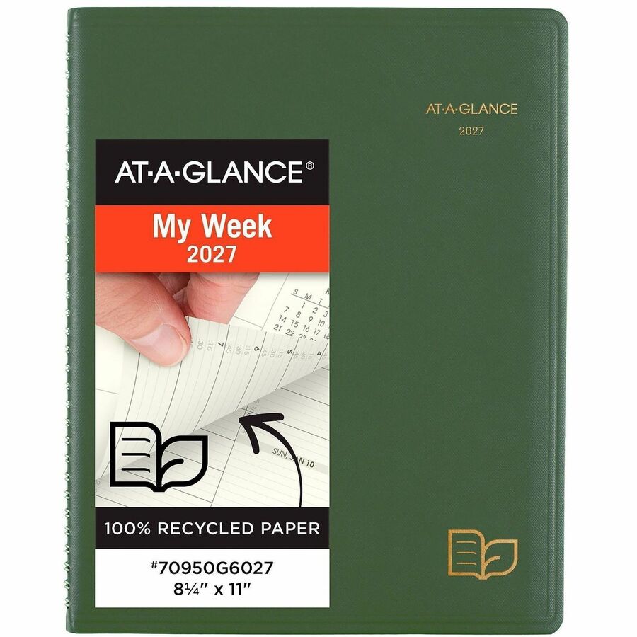 At-A-Glance Recycled Appointment Book Planner - Large - Julian Dates - Weekly, Monthly - 1 Year - January 2027 to December 2027 - 7:00 AM to 8:45 PM - Quarter-hourly, 7:00 AM to 5:30 PM - Quarter-hourly - 1 Week Double Page Layout - 8 1/4" x 11" Sheet...