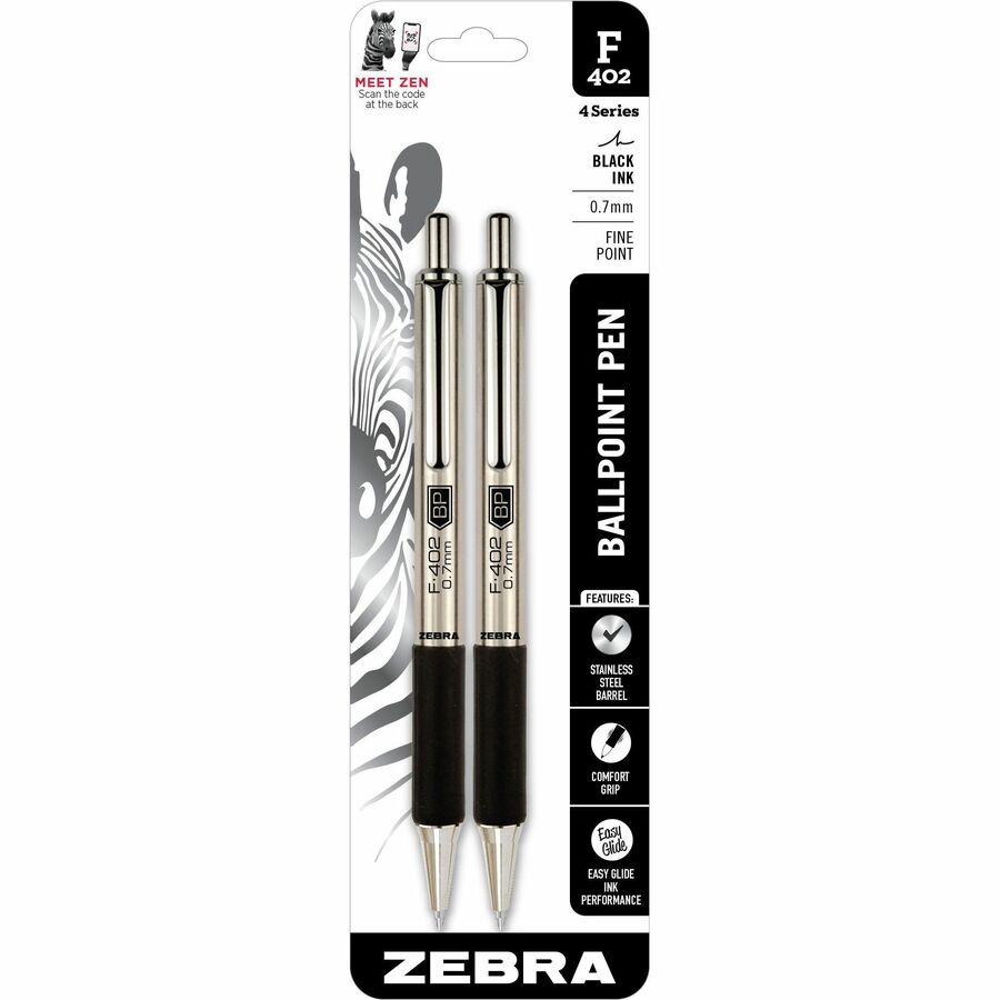 Zebra STEEL 4 Series F-402 Retractable Ballpoint Pen - Refillable - Retractable - Black Ink - Stainless Steel Barrel - 2 / Pack
