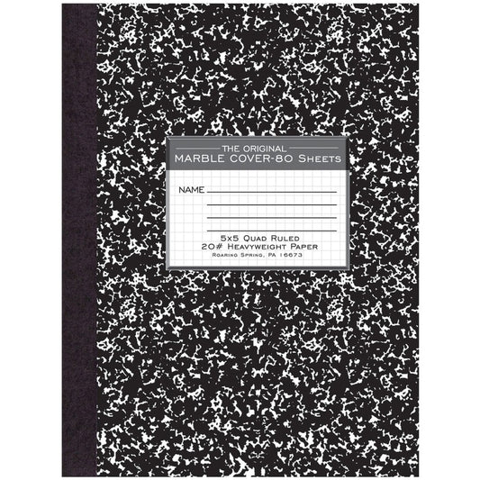 Roaring Spring Black Marble Composition Book - 80 Sheets - 160 Pages - Printed - Sewn/Tapebound - Both Side Ruling Surface - 20 lb Basis Weight - 10 1/4" x 7 7/8" Sheet Size - 0.50" Height x 7.9" Width x 10.3" Length - White Paper - Black Binding - Bla...