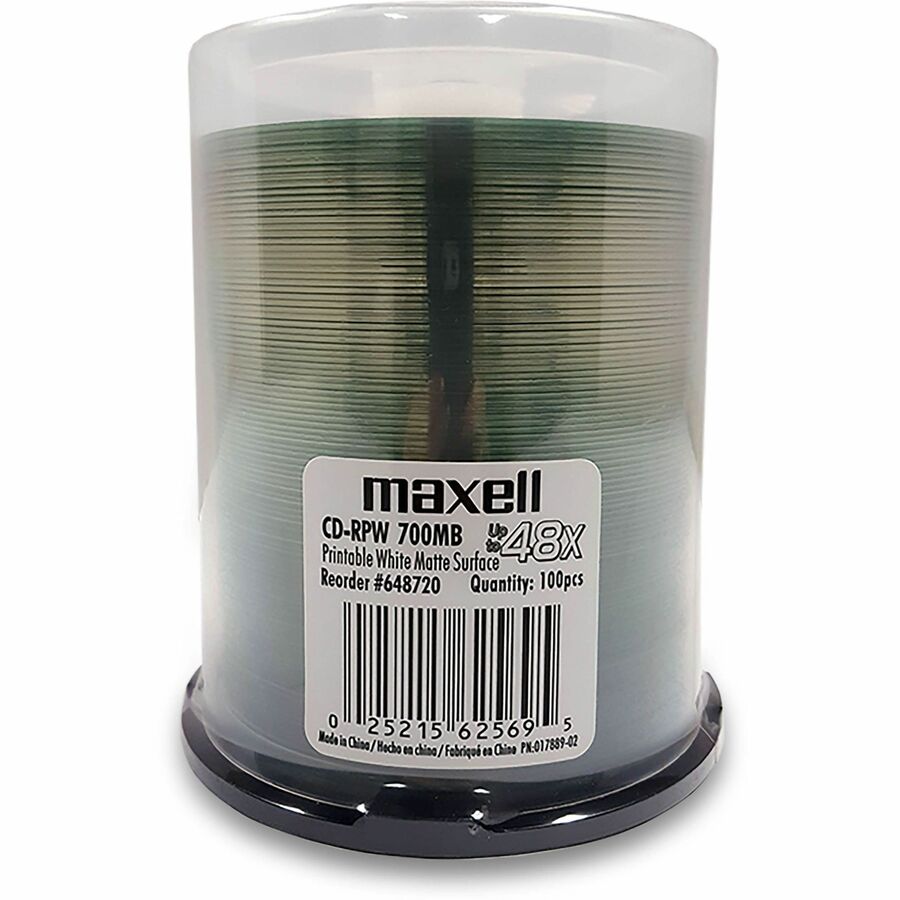 Maxell PW700 CD Recordable Media - CD-R - 48x - 700 MB - 100 / Pack - Matte White - 120mm - Single-layer Layers - Printable - Inkjet, Thermal Print Technology - 1.33 Hour Maximum Recording Time