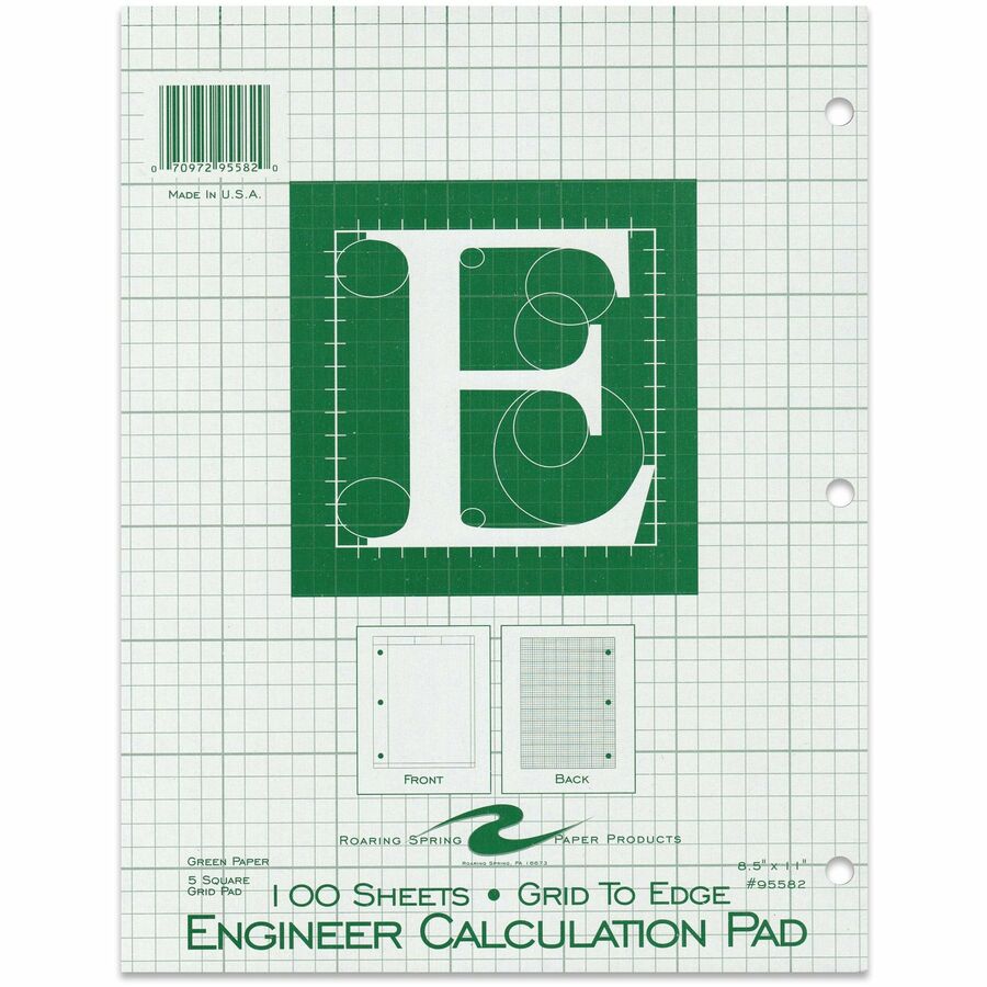 Roaring Spring 5x5 Grid Engineering Pad - 100 Sheets - 200 Pages - Printed - Glued - Back Ruling Surface - 3 Hole(s) - 15 lb Basis Weight
