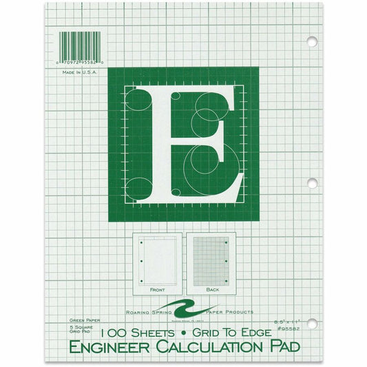 Roaring Spring 5x5 Grid Engineering Pad - 100 Sheets - 200 Pages - Printed - Glued - Back Ruling Surface - 3 Hole(s) - 15 lb Basis Weight