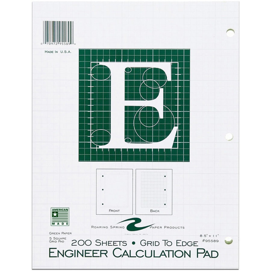 Roaring Spring 5x5 Grid Engineering Pad - 200 Sheets - 400 Pages - Printed - Glued - Back Ruling Surface - 3 Hole(s) - 15 lb Basis Weight - 56 g/m², Grammage - Letter - 11" x 8 1/2" Sheet Size - 0.66" Height x 8.5" Width x 11" Length - Green Paper...