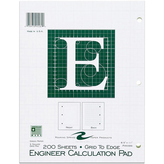 Roaring Spring 5x5 Grid Engineering Pad - 200 Sheets - 400 Pages - Printed - Glued - Back Ruling Surface - 3 Hole(s) - 15 lb Basis Weight - 56 g/m², Grammage - Letter - 11" x 8 1/2" Sheet Size - 0.66" Height x 8.5" Width x 11" Length - Green Paper...