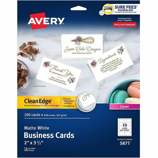 Avery Clean Edge(R) Business Cards, 2" x 3.5" , White, 200 (5871) - 145 Brightness - A4 - 8 1/2" x 11" - 91 lb Basis Weight - 247 g/m², Grammage - Matte - Heavyweight, Rounded Corner, Uncoated, Smooth Edge, Smudge-free, Jam-free, Avery Clean Edge T...