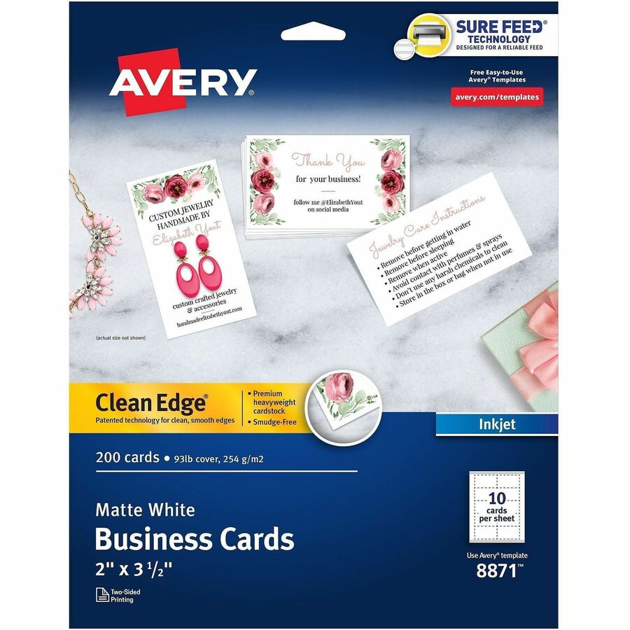 Avery&reg, Clean Edge Business Cards, 2" x 3.5" , White, 200 (08871) - 110 Brightness - A8 - 2" x 3 1/2" - 93 lb Basis Weight - 254 g/m², Grammage - Matte - Perforated, Heavyweight, Rounded Corner, Long Lasting, Smooth Edge, Jam-free, Smudge-free...