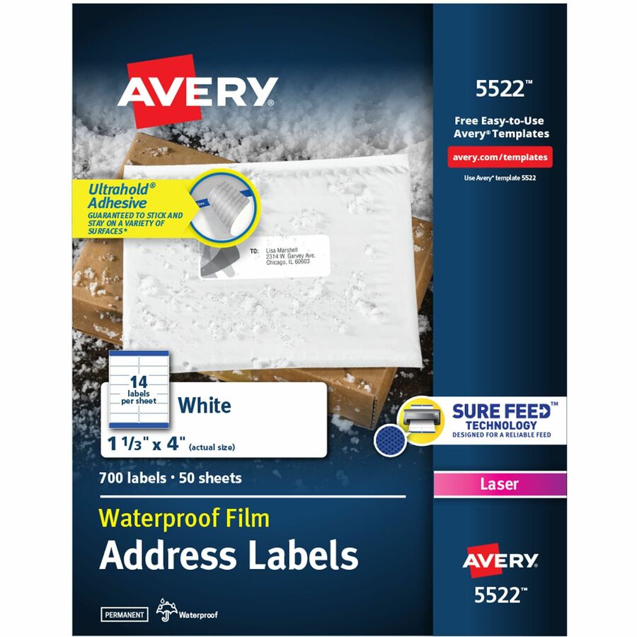 Avery&reg, 1-1/3" x 4" Labels, Ultrahold, 700 Labels (5522) - Waterproof - x 1 21/64" Width x 4" Length - Permanent Adhesive - Rectangle - Laser - Matte - White - Film - 14 / Sheet - 50 Total Sheets - 700 Total Label(s) - For Label Printer - 700 / Pack