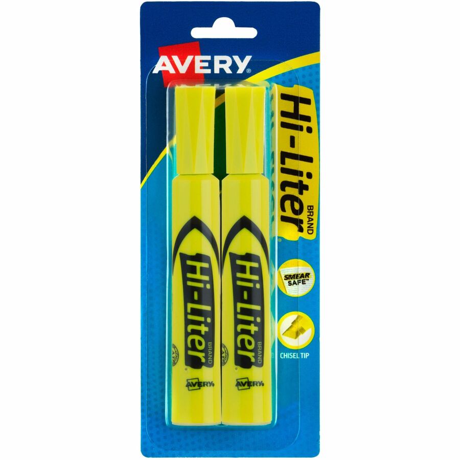 Avery&reg, Hi-Liter Desk-Style Highlighters, SmearSafe, Yellow, 2 Pack - Yellow Ink - Water Based - Document, Classroom - 1 Pack