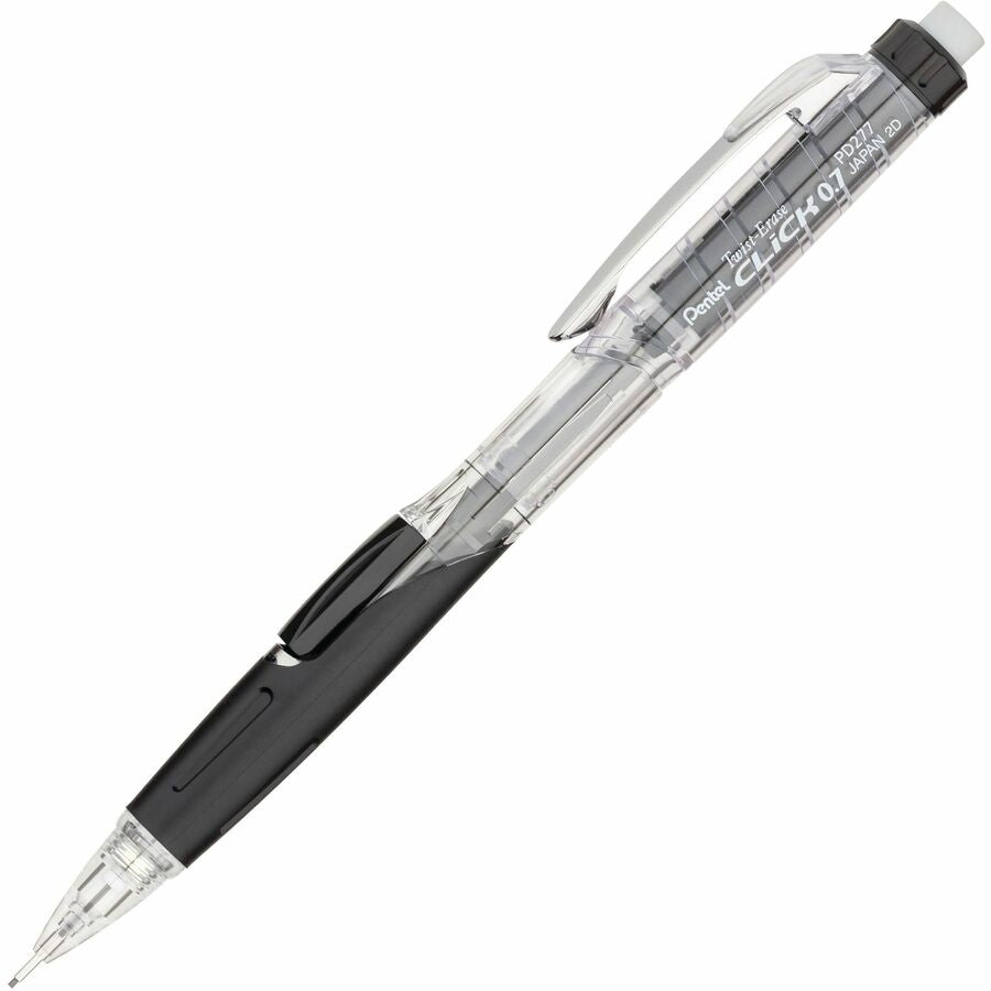 Pentel .7mm Twist-Erase Click Mechanical Pencil - 0.7 mm Smoke Lead - #2 - Refillable - Black, Transparent Barrel - 1 Each