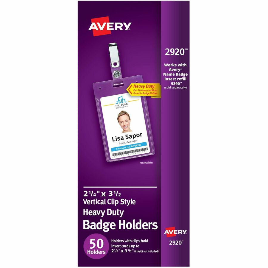Avery&reg, Heavy-Duty Badge Holders with Clips - Support 2.25" x 3.50" Media - Portrait - 2.3" Width x 3.3" Length - Polyvinyl Chloride (PVC) - Clear - Reusable, Durable, Top Loading, Secure, Clip-on, Heavy Duty - 50 / Box