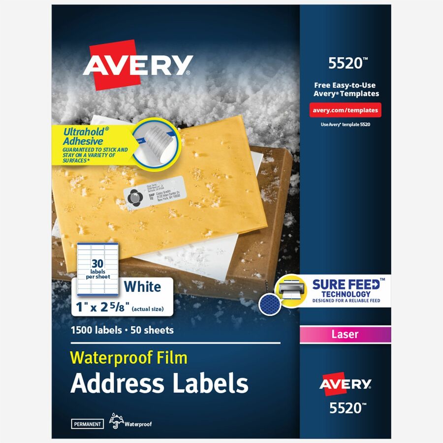 Avery&reg, 1" x 2-5/8" Labels, Ultrahold, 1,500 Labels (5520) - Waterproof - x 1" Width x 2 5/8" Length - Permanent Adhesive - Rectangle - Laser, Inkjet - Matte - White - Film - 30 / Sheet - 50 Total Sheets - 1500 Total Label(s) - For Label Printer - 1...