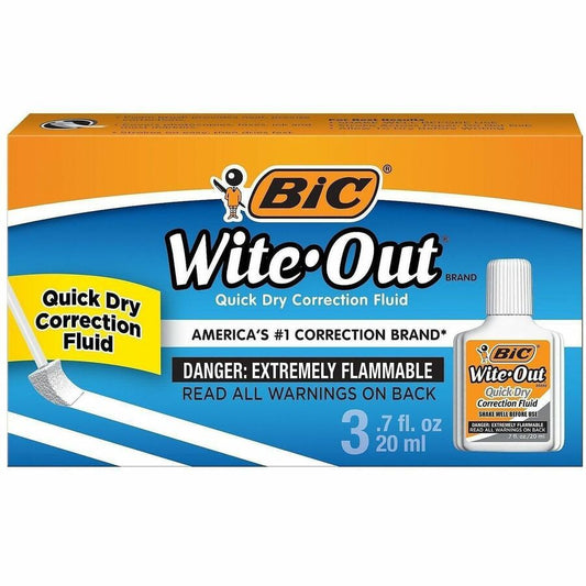 BIC Wite-Out Quick Dry Correction Fluid - Foam Wedge Applicator - 20 mL - White - Quick Drying, Spill Resistant - 3 / Pack