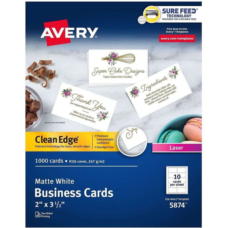 Avery&reg, Clean Edge Business Cards - 145 Brightness - A4 - 8 1/2" x 11" - 91 lb Basis Weight - 247 g/m², Grammage - Matte - Heavyweight, Smooth Edge, Jam-free, Smudge-free, Uncoated, Printable, Avery Clean Edge Technology - White - 100 Sheets - 1...