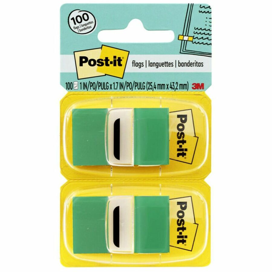Post-it&reg, Green Flag Value Pack - 600 x Green - 1" Flag/Note Width x 1 3/4" Flag/Note Length - Rectangle - Unruled - Green - Removable, Writable - Dispenser Included - 50/Dispenser Box - 12 / Box