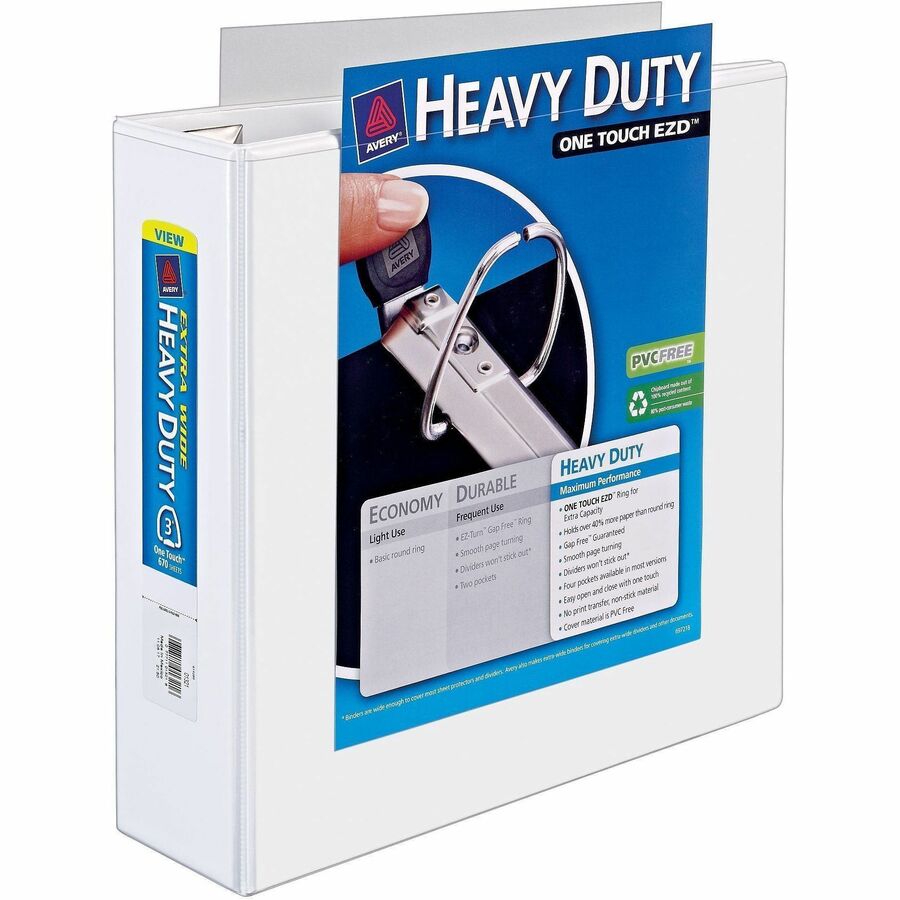 Avery&reg, Heavy-Duty View 3 Ring Binder, Extra Wide, 3" EZD Rings, 1 White Binder (01321) - 3" Binder Capacity - Letter - 8 1/2" x 11" Sheet Size - 670 Sheet Capacity - 3 x 3" Ring - Fastener: D-Ring - Pocket: 4, Internal - Polypropylene - White - Arc...