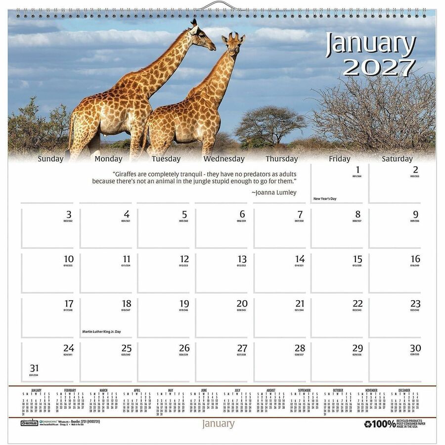 House of Doolittle Earthscapes Wildlife Wall Calendars - Julian Dates - Monthly - 1 Year - January 2027 to December 2027 - 1 Month Single Page Layout - 12" x 12" Sheet Size - 1.63" x 1.63" Block - Wire Bound - Paper - 1 Each