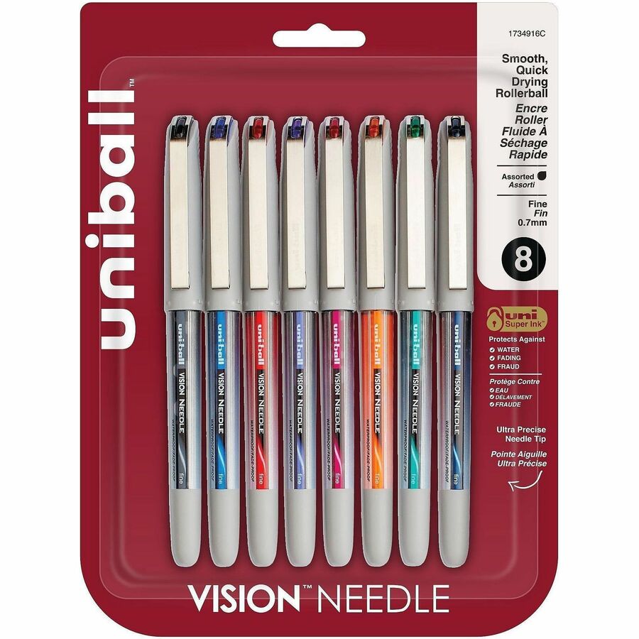 uniball™, Vision Needle Rollerball Pens - Blue, Black, Green, Orange, Pink, Purple, Red Ink - Liquid - Silver Barrel - 8 / Pack