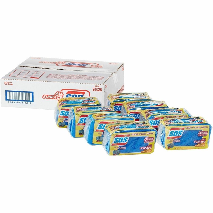 S.O.S All-Surface Scrubber Sponge - 5.3" Height x 3" Width x 0.9" Depth - 3/Pack - 8 / Carton - Cellulose - Blue