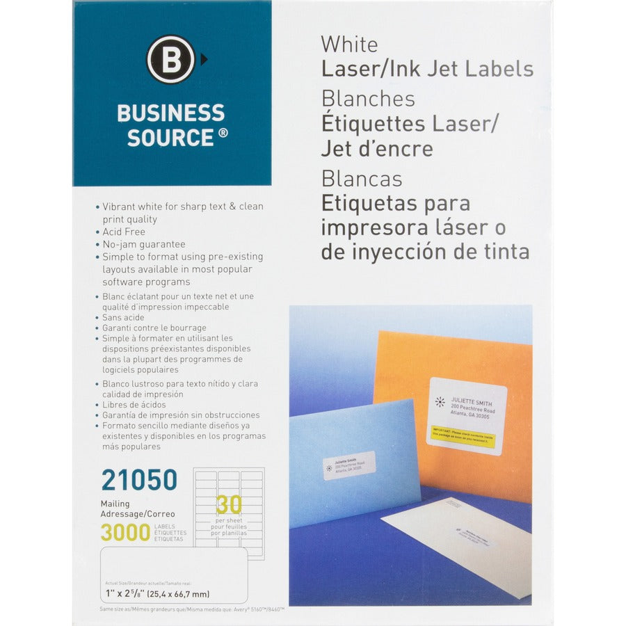 Business Source Bright White Premium-quality Address Labels - 1" Width x 2 5/8" Length - Permanent Adhesive - Rectangle - Laser, Inkjet - White - 30 / Sheet - 100 Total Sheets - 3000 / Pack