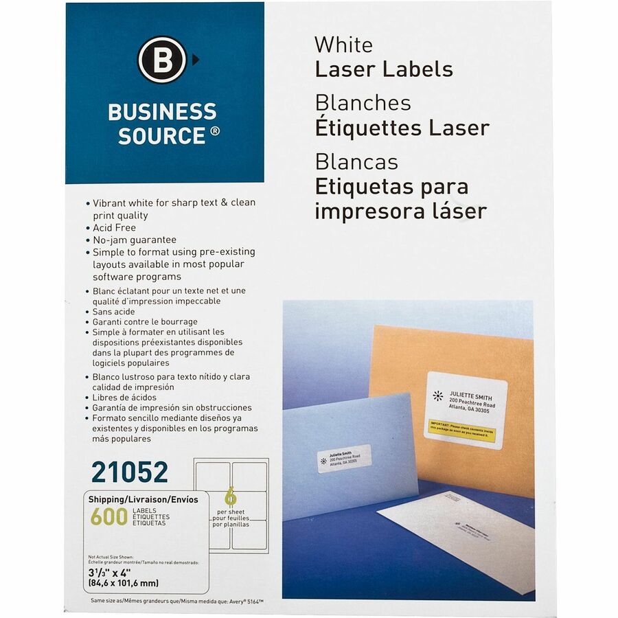 Business Source Bright White Premium-quality Address Labels - 3 1/3" Width x 4" Length - Permanent Adhesive - Rectangle - Laser, Inkjet - White - 6 / Sheet - 100 Total Sheets - 600 / Pack