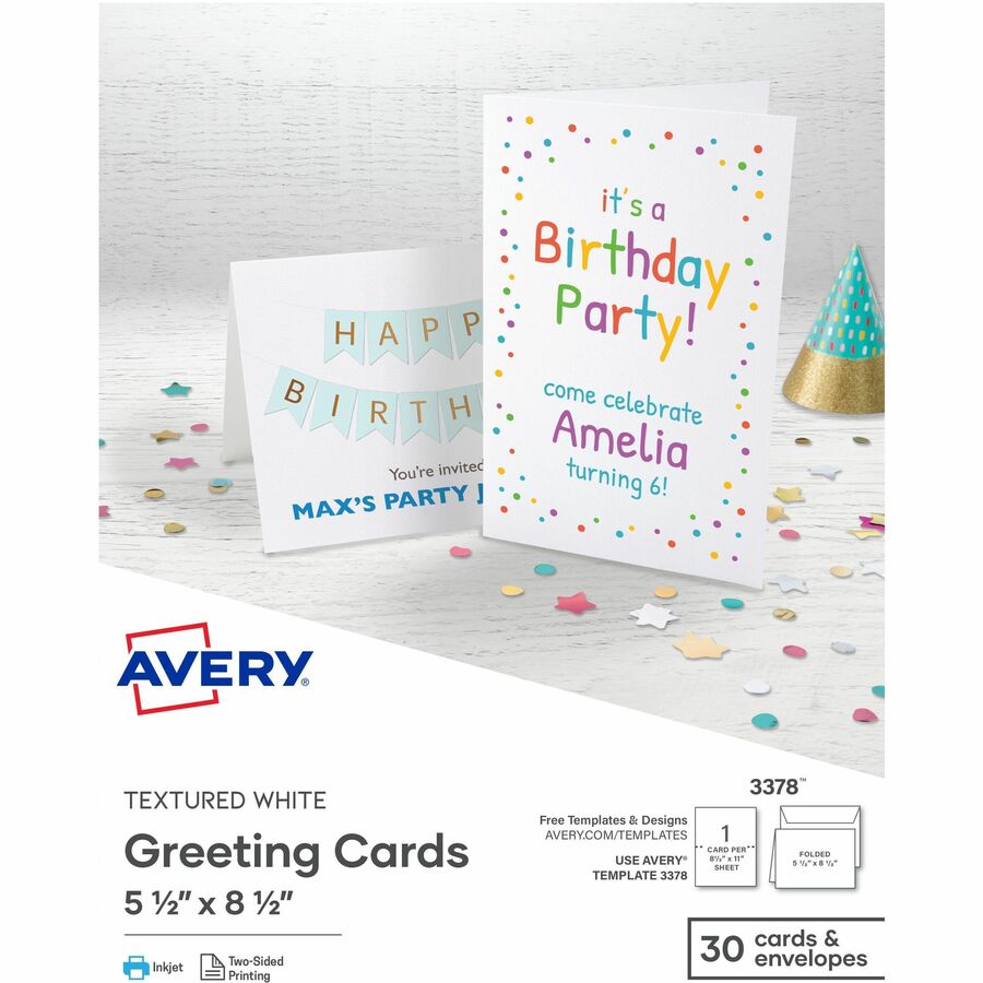 Avery&reg, Half-Fold Greeting Cards, Textured, Uncoated, 5-1/2" x 8-1/2" , 30 Cards (3378) - 5 1/2" x 8 1/2" - Textured - Uncoated, Heavyweight - White - 30/Pack - 6 / Carton