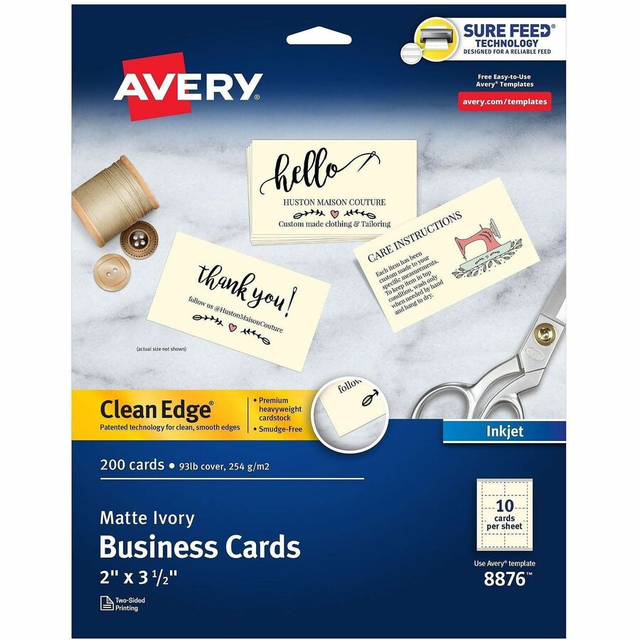 Avery&reg, Clean Edge Business Cards, 2" x 3.5" , Ivory, 200 (08876) - 90 Brightness - 2" x 3 1/2" - 93 lb Basis Weight - 254 g/m², Grammage - Matte - Heavyweight, Perforated, Smooth Edge, Double-sided, Double-sided, Smudge-free, Jam-free, Printabl...