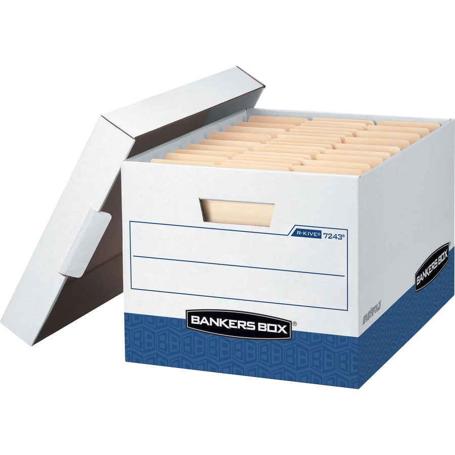 Bankers Box R-Kive File Storage Box - Internal Dimensions: 12" Width x 15" Depth x 10" Height - External Dimensions: 12.8" Width x 16.5" Depth x 10.4" Height - Media Size Supported: Letter, Legal - Lift-off Closure - Stackable - White, Blue - For File...