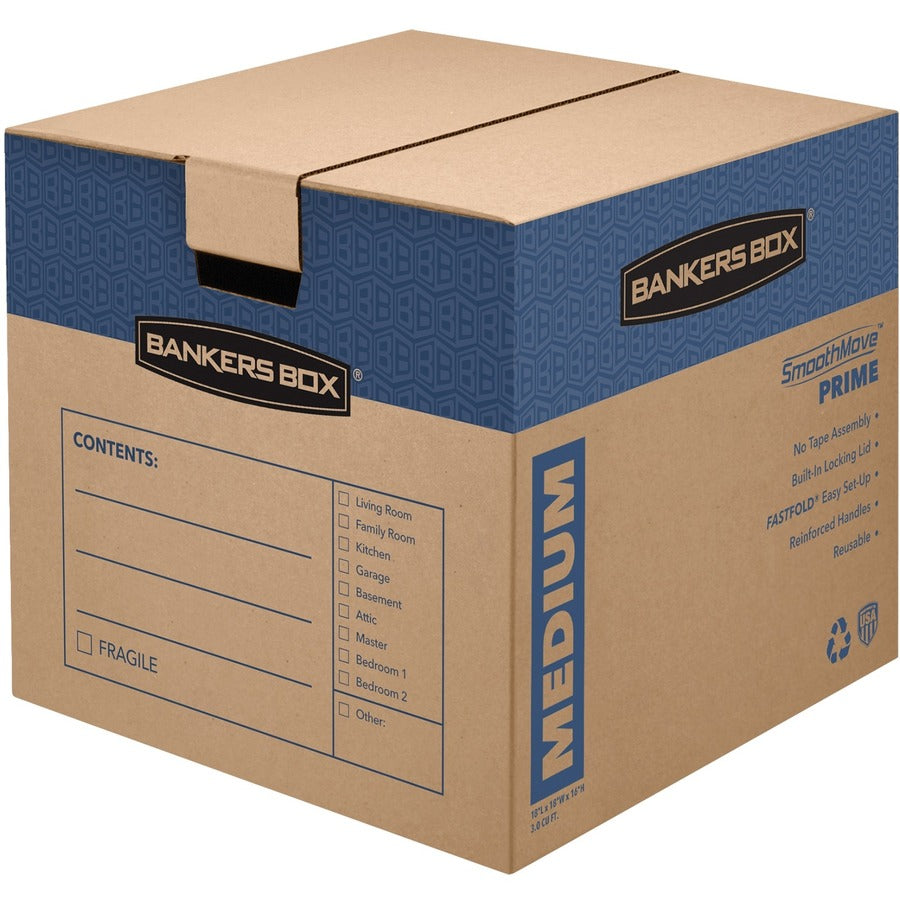 Bankers Box SmoothMove Prime Moving Boxes - Internal Dimensions: 18" Width x 18" Depth x 16" Height - External Dimensions: 18.1" Width x 18.8" Depth x 16.6" Height - Lid Lock Closure - Medium Duty - Cardboard - Kraft - Recycled - 8 / Carton
