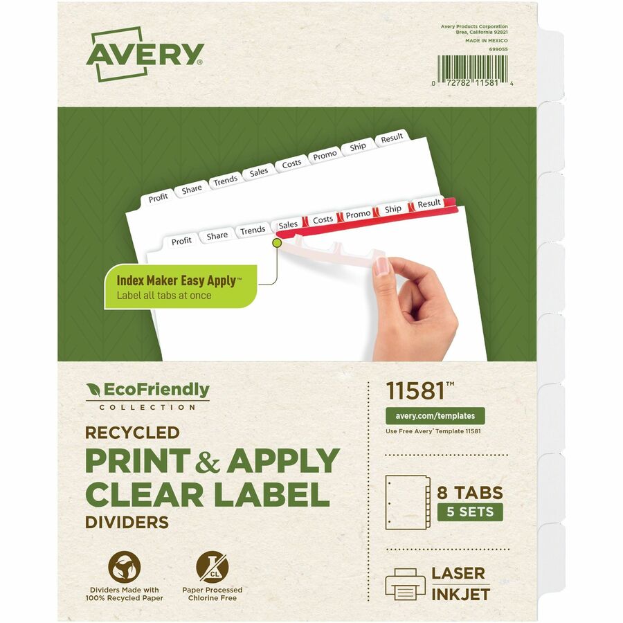 Avery&reg, Index Maker Index Divider - 40 x Divider(s) - Print-on Tab(s) - 8 - 8 Tab(s)/Set - 8.5" Divider Width x 11" Divider Length - 3 Hole Punched - White Paper Divider - White Paper Tab(s) - 100% Recycled - Durable, Double-sided, Reinforced Tab, T...