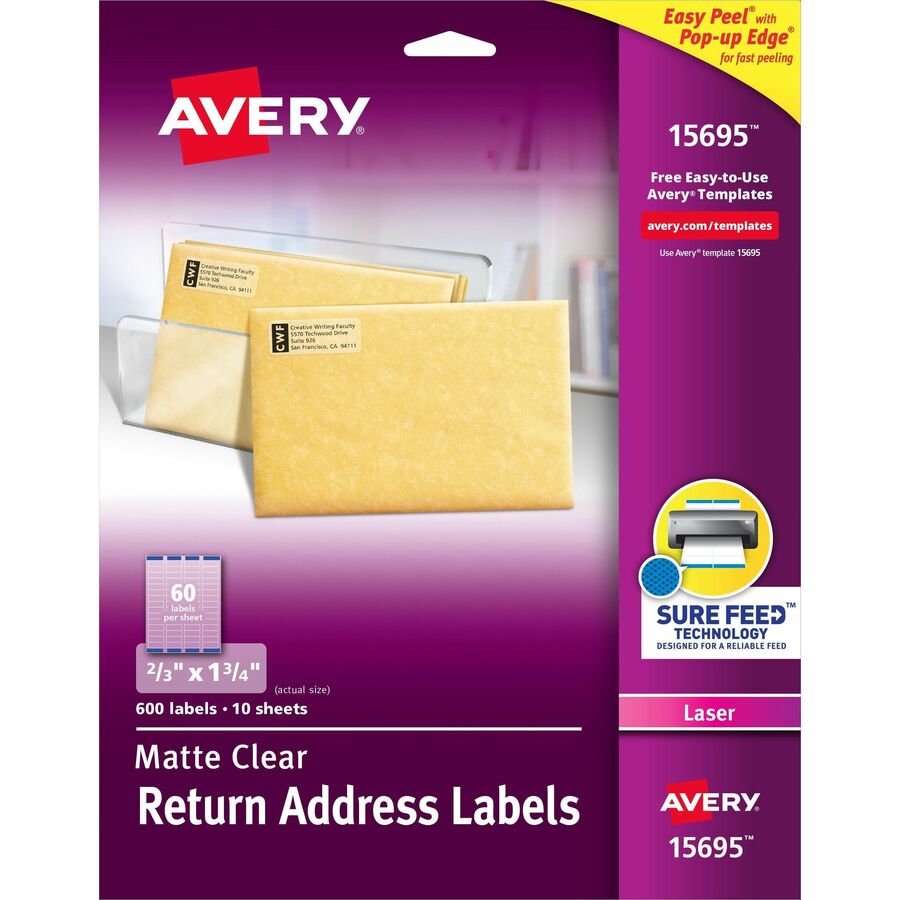 Avery&reg, Easy Peel Return Address Labels - 21/32" Width x 1 3/4" Length - Permanent Adhesive - Rectangle - Laser - Matte Clear - Matte - Film - 60 / Sheet - 60 Total Sheets - 600 Total Label(s) - 600 / Pack