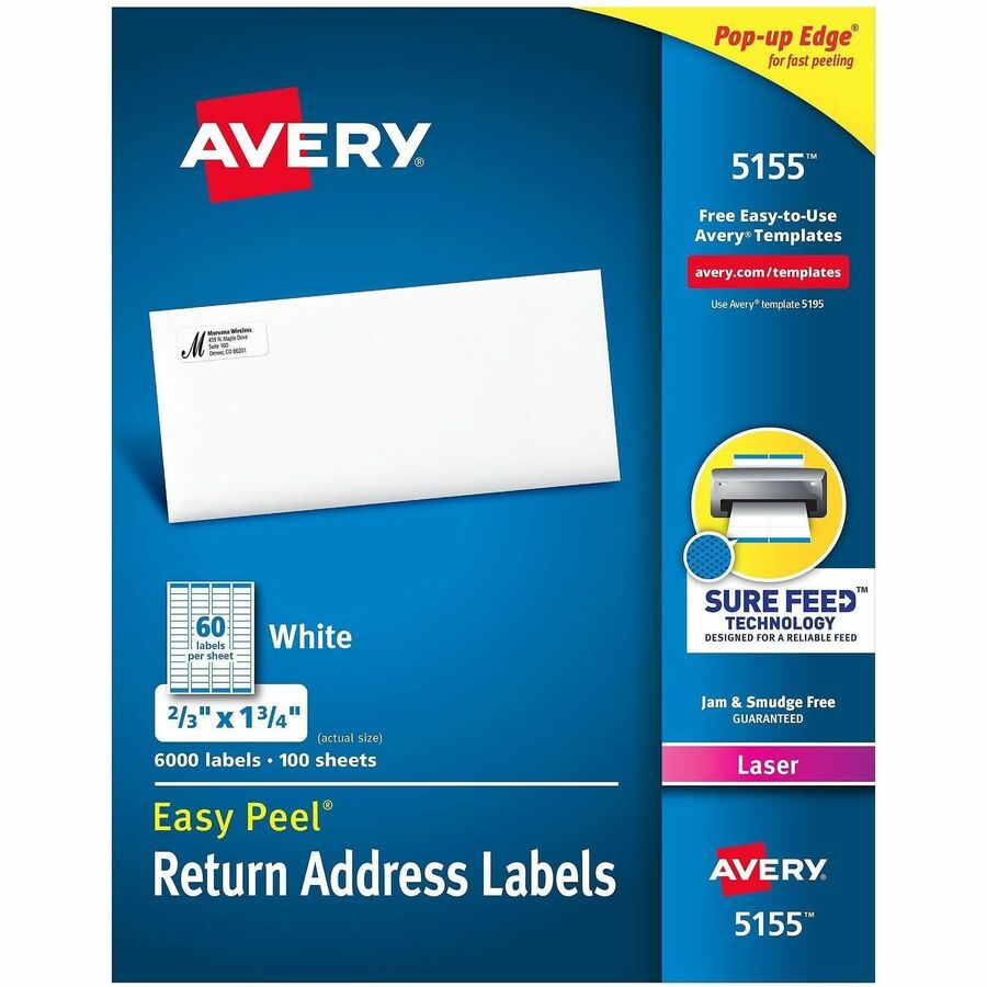 Avery&reg, Easy Peel Return Address Labels, 2/3"x1-3/4" 6,000 Labels (5155) - x 2/3" Width x 1 3/4" Length - Permanent Adhesive - Rectangle - Laser - Matte - White - Paper - 60 / Sheet - 100 Total Sheets - 6000 Total Label(s) - For Label Printer - 6000...