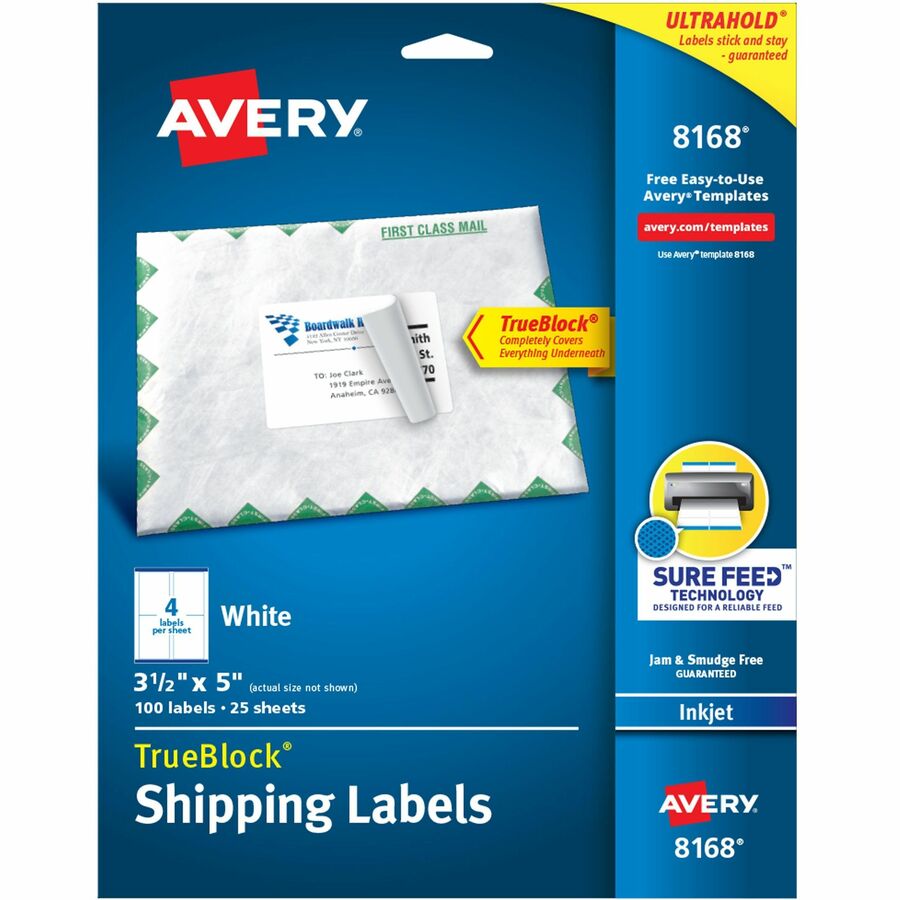 Avery&reg, Shipping Labels, Sure Feed, 3-1/2" x 5" , 100 Labels (8168) - 3 1/2" Width x 5" Length - Permanent Adhesive - Rectangle - Inkjet - Matte - White - Paper - 4 / Sheet - 25 Total Sheets - 100 Total Label(s) - 100 / Pack