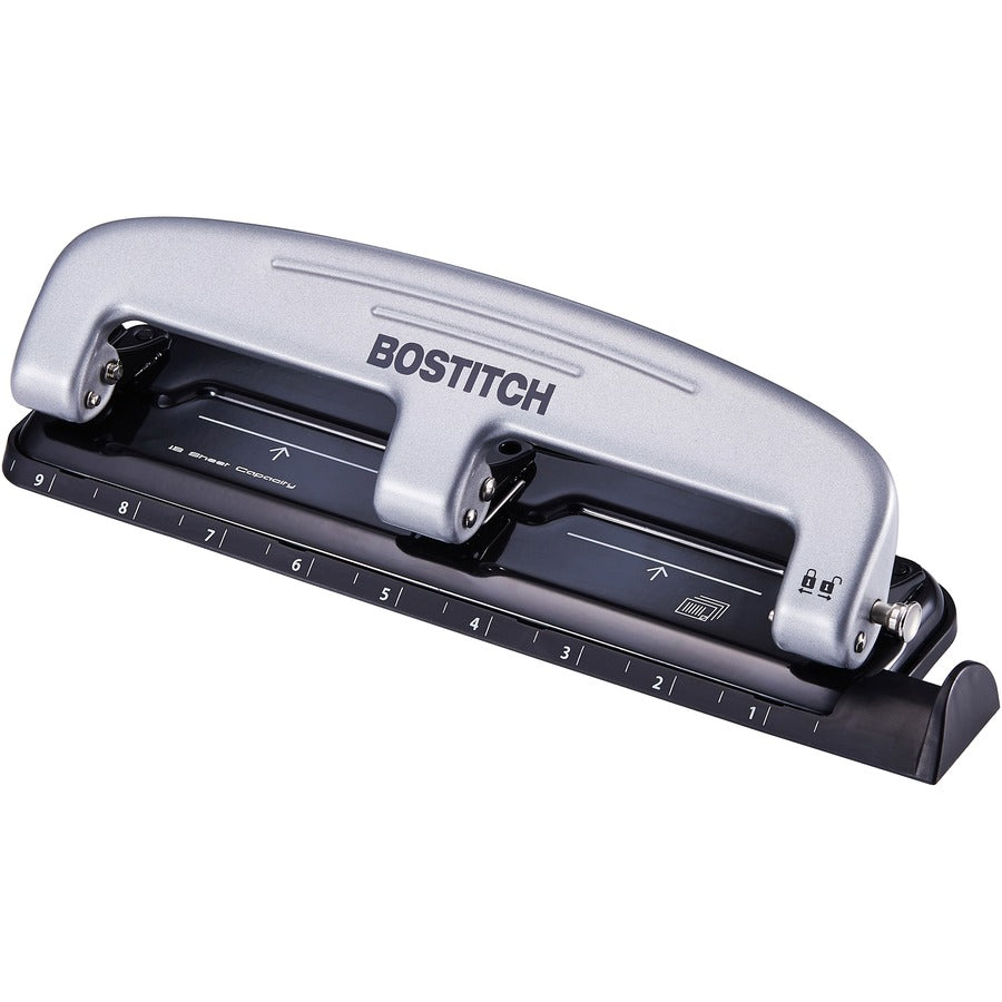 Bostitch EZ Squeeze™, 12 Three-Hole Punch - 3 Punch Head(s) - 12 Sheet - 9/32" Punch Size - 3" Width x 1.6" Height - Black, Silver