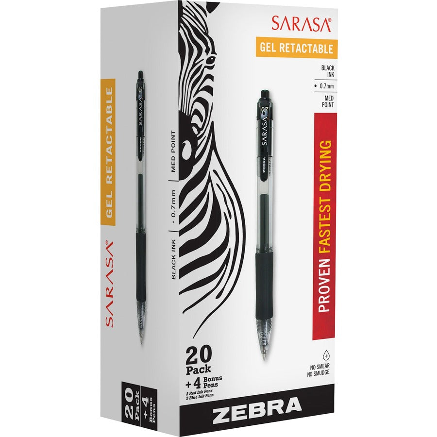 Zebra Sarasa Dry X20 Retractable Gel Pen - Refillable - Retractable - Black Ink - Pigment-based - Translucent Barrel - 24 / Pack