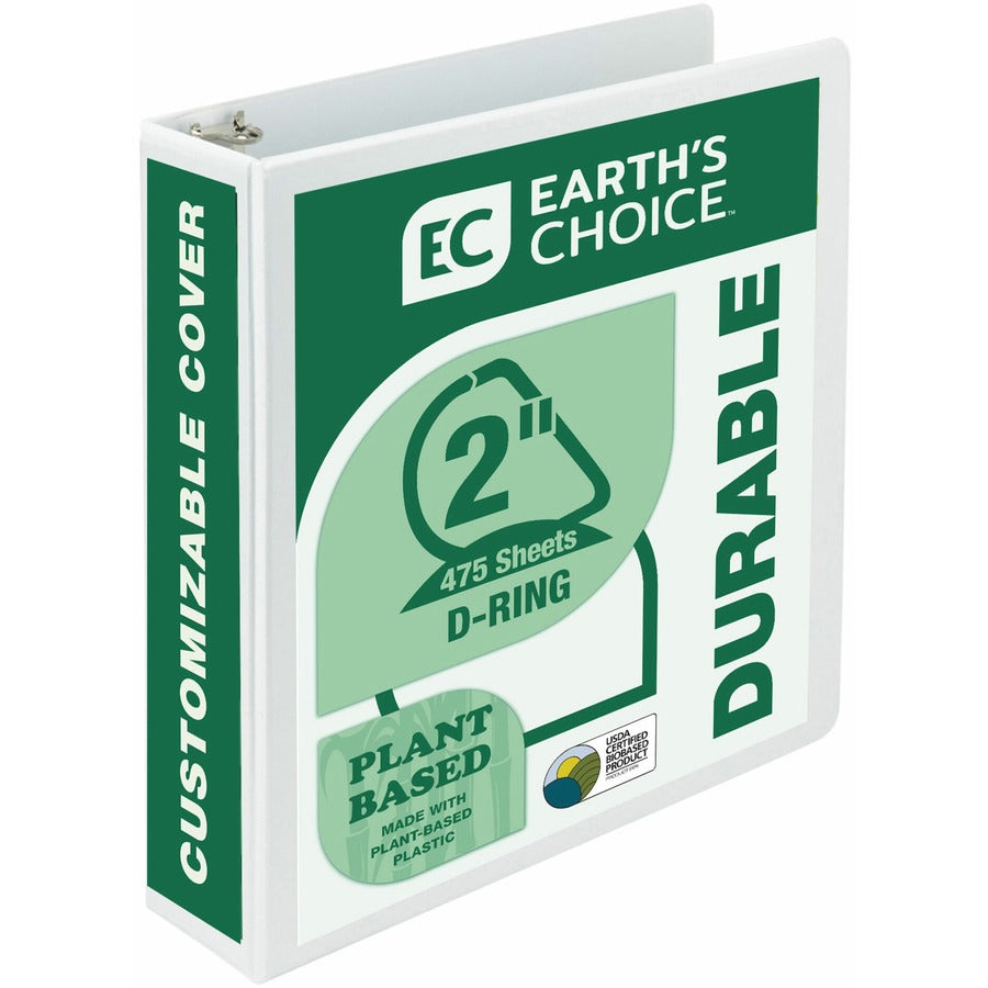 Samsill Earth's Choice Plant-based Durable View Binder - 2" Binder Capacity - Letter - 8 1/2" x 11" Sheet Size - 475 Sheet Capacity - Fastener: D-Ring - Pocket: 2 - Plastic, Chipboard - White - 1.13 lb - Recycled - Archival-safe, Clear Overlay, Reusabl...