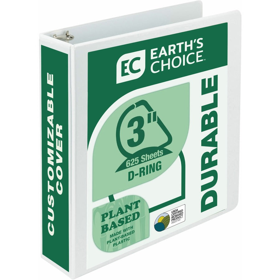 Samsill Earth's Choice Plant-based Durable View Binder - 3" Binder Capacity - Letter - 8 1/2" x 11" Sheet Size - 625 Sheet Capacity - Fastener: D-Ring - Pocket: 2 - Plastic, Chipboard - White - 1.33 lb - Recycled - Archival-safe, Clear Overlay, Reusabl...