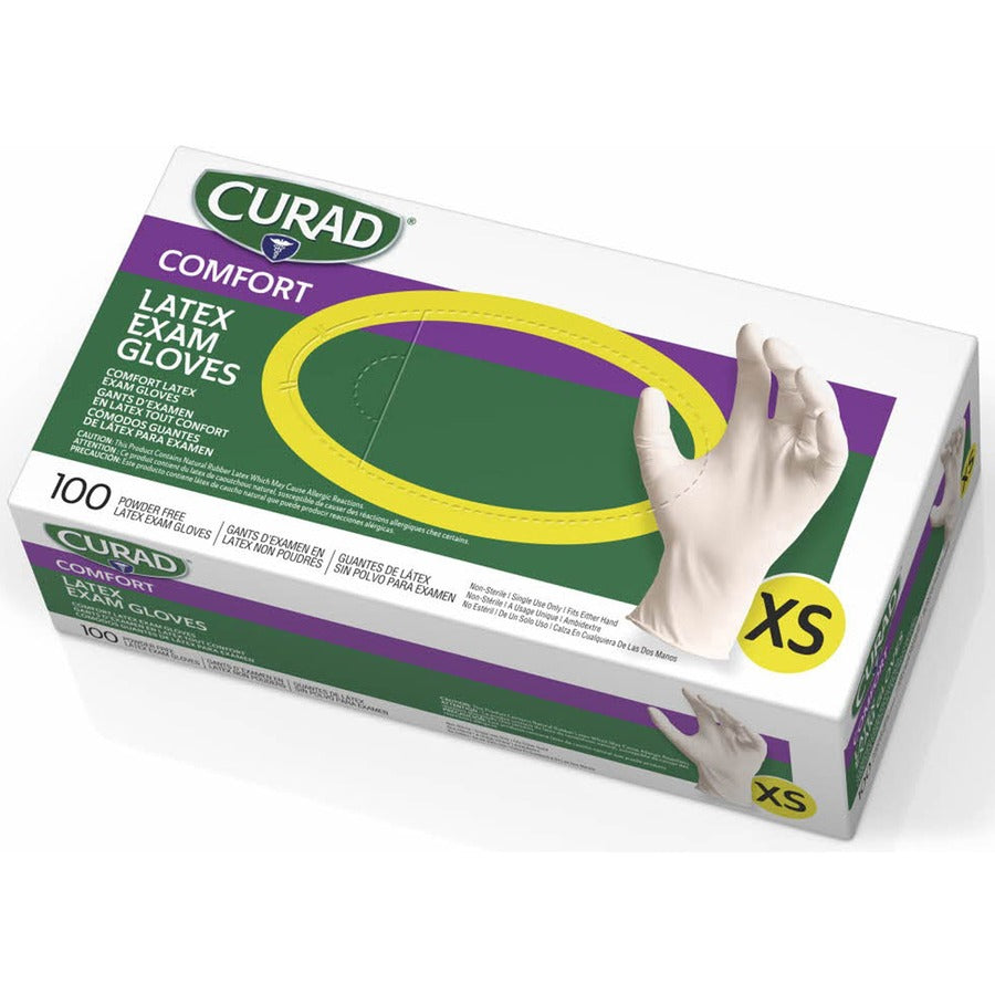 Curad Powder Free Latex Exam Gloves - X-Small Size - White - Textured - For Healthcare Working - 100 / Box