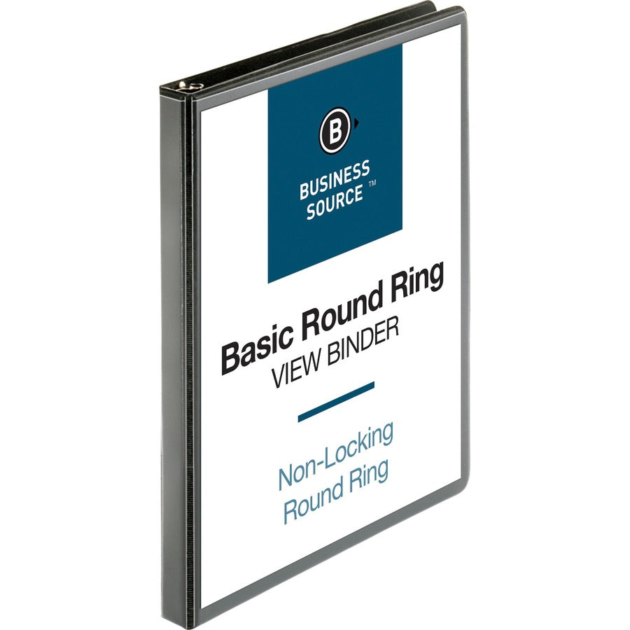 Business Source Round-ring View Binder - 1/2" Binder Capacity - Letter - 8 1/2" x 11" Sheet Size - 125 Sheet Capacity - Fastener: Round Ring - Pocket: 2, Internal - Polypropylene - Black - Wrinkle-free, Gap-free Ring, Clear Overlay, Non Locking Mechani...