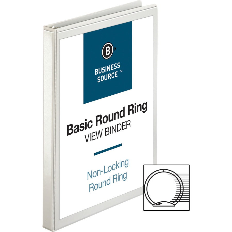 Business Source Round-ring View Binder - 1/2" Binder Capacity - Letter - 8 1/2" x 11" Sheet Size - 125 Sheet Capacity - Fastener: Round Ring - Pocket: 2, Internal - Polypropylene - White - Wrinkle-free, Gap-free Ring, Clear Overlay, Non Locking Mechani...
