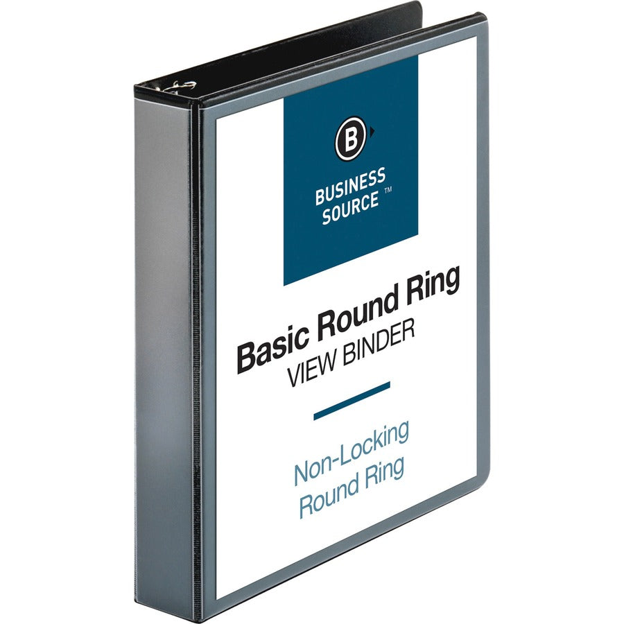 Business Source Round-ring View Binder - 1 1/2" Binder Capacity - Letter - 8 1/2" x 11" Sheet Size - 350 Sheet Capacity - Fastener: Round Ring - Pocket: 2, Internal - Polypropylene, Chipboard - Black - Wrinkle-free, Gap-free Ring, Clear Overlay, Non Lo...